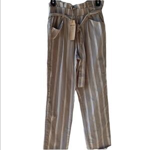 Thread & Supply Women's High Rise Stripes Paperbag Tie-Waist Pants Tan & White